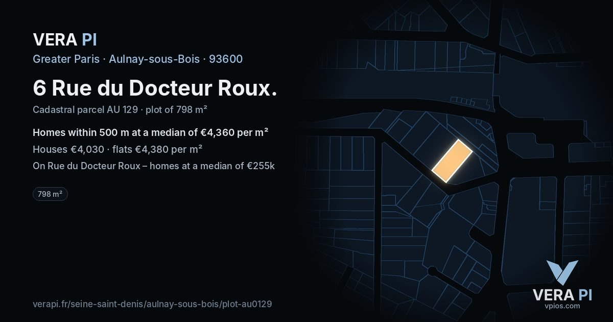 6 Rue du Docteur Roux, Aulnay-sous-Bois at night – the plot lit, the parcels around coloured by the prices near them