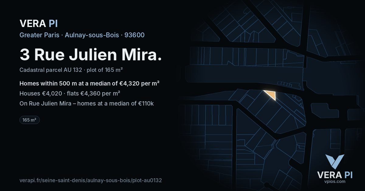 3 Rue Julien Mira, Aulnay-sous-Bois at night – the plot lit, the parcels around coloured by the prices near them
