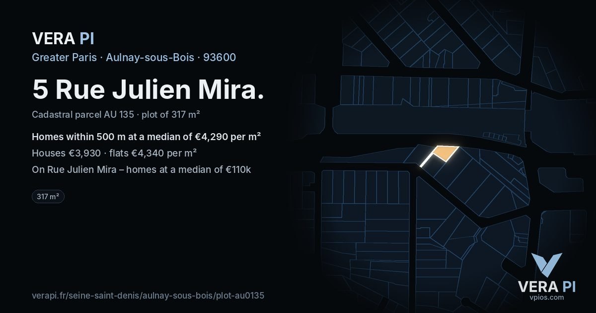 5 Rue Julien Mira, Aulnay-sous-Bois at night – the plot lit, the parcels around coloured by the prices near them
