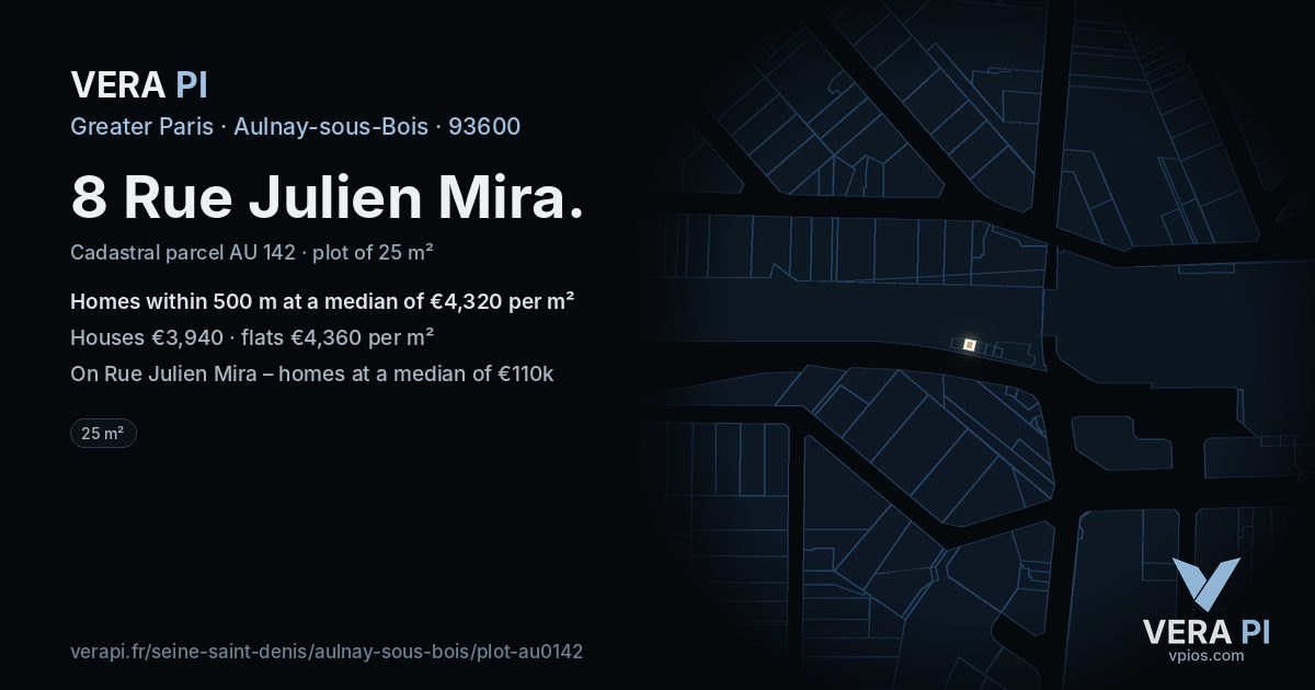 8 Rue Julien Mira, Aulnay-sous-Bois at night – the plot lit, the parcels around coloured by the prices near them