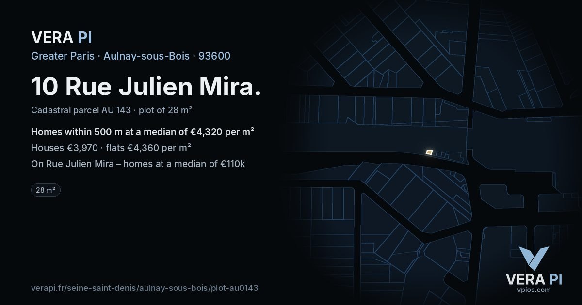 10 Rue Julien Mira, Aulnay-sous-Bois at night – the plot lit, the parcels around coloured by the prices near them