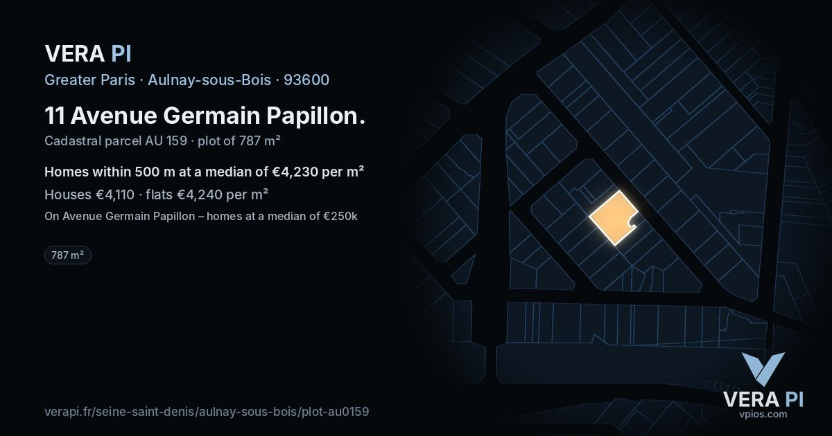 11 Avenue Germain Papillon, Aulnay-sous-Bois at night – the plot lit, the parcels around coloured by the prices near them