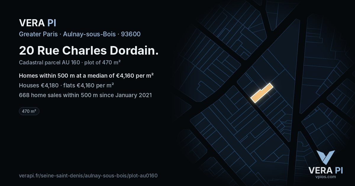 20 Rue Charles Dordain, Aulnay-sous-Bois at night – the plot lit, the parcels around coloured by the prices near them