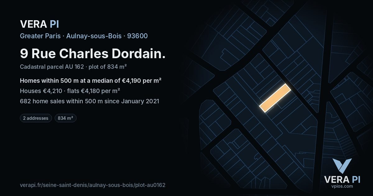 9 Rue Charles Dordain, Aulnay-sous-Bois at night – the plot lit, the parcels around coloured by the prices near them