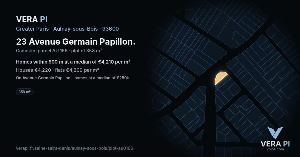 23 Avenue Germain Papillon, Aulnay-sous-Bois at night – the plot lit, the parcels around coloured by the prices near them
