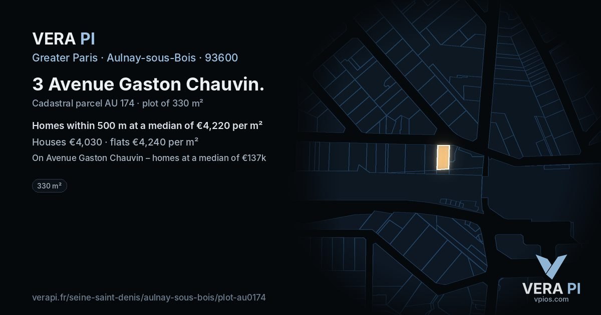 3 Avenue Gaston Chauvin, Aulnay-sous-Bois at night – the plot lit, the parcels around coloured by the prices near them