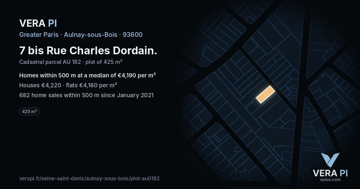7 bis Rue Charles Dordain, Aulnay-sous-Bois at night – the plot lit, the parcels around coloured by the prices near them