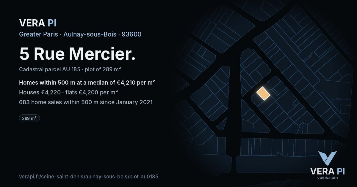 5 Rue Mercier, Aulnay-sous-Bois at night – the plot lit, the parcels around coloured by the prices near them