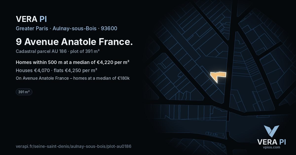 9 Avenue Anatole France, Aulnay-sous-Bois at night – the plot lit, the parcels around coloured by the prices near them