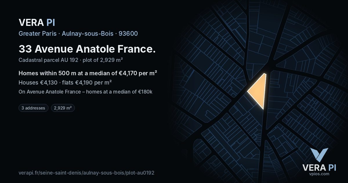 33 Avenue Anatole France, Aulnay-sous-Bois at night – the plot lit, the parcels around coloured by the prices near them