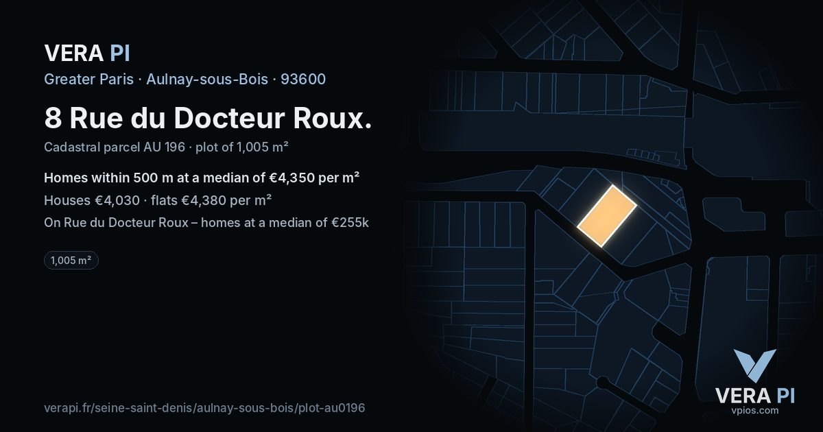 8 Rue du Docteur Roux, Aulnay-sous-Bois at night – the plot lit, the parcels around coloured by the prices near them