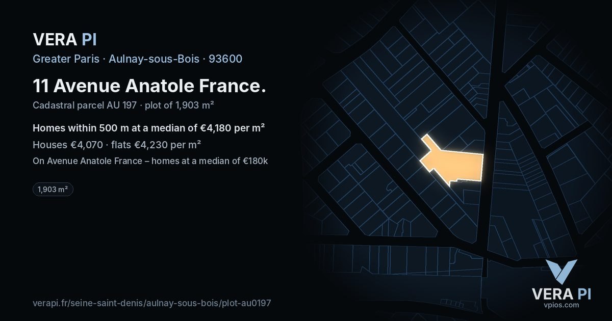 11 Avenue Anatole France, Aulnay-sous-Bois at night – the plot lit, the parcels around coloured by the prices near them