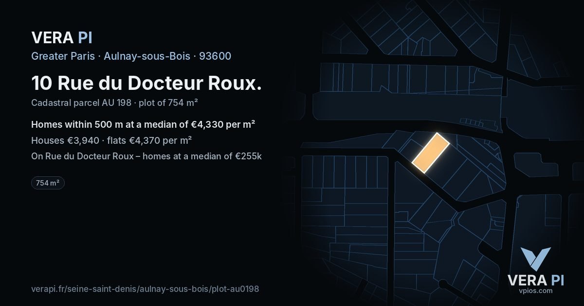 10 Rue du Docteur Roux, Aulnay-sous-Bois at night – the plot lit, the parcels around coloured by the prices near them