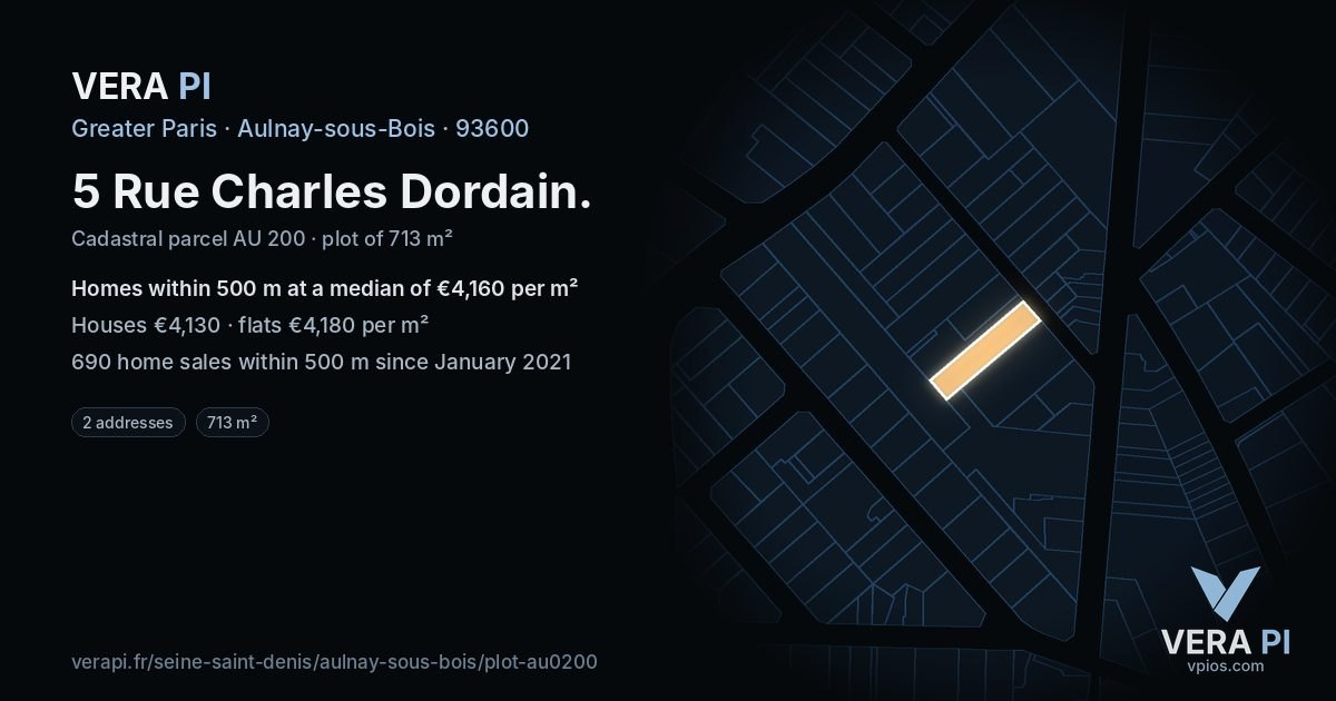 5 Rue Charles Dordain, Aulnay-sous-Bois at night – the plot lit, the parcels around coloured by the prices near them
