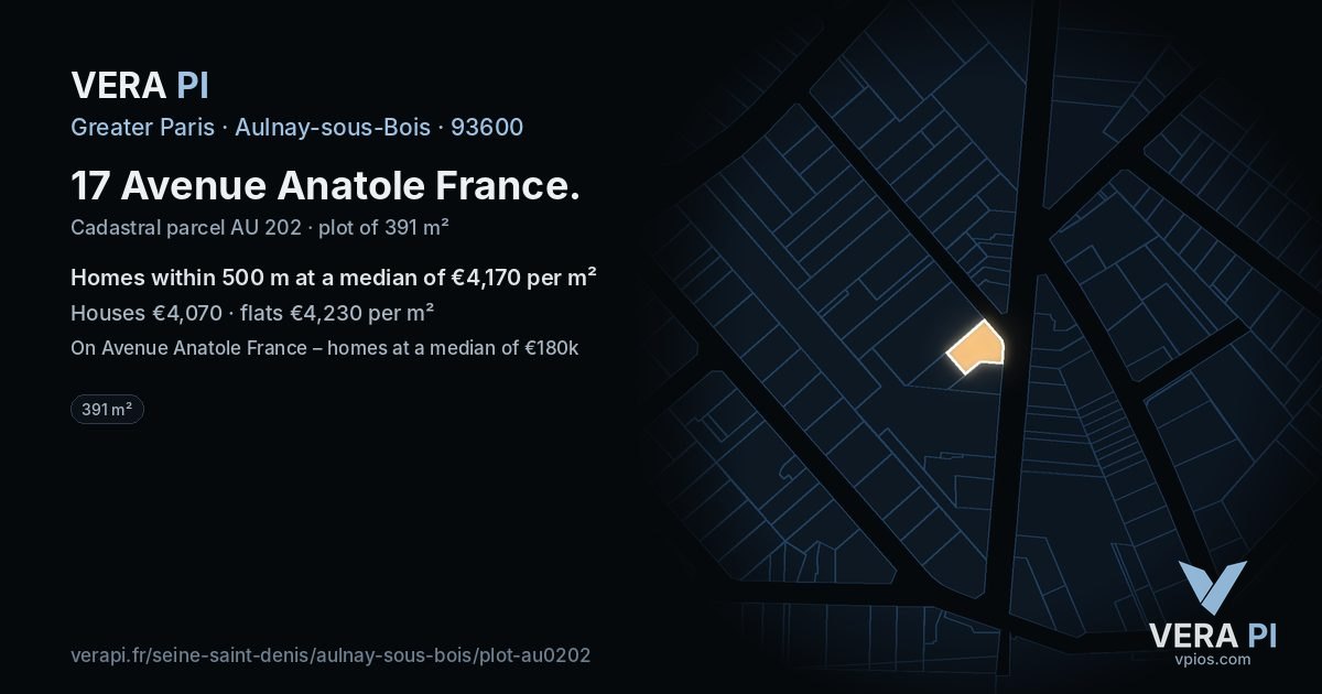 17 Avenue Anatole France, Aulnay-sous-Bois at night – the plot lit, the parcels around coloured by the prices near them