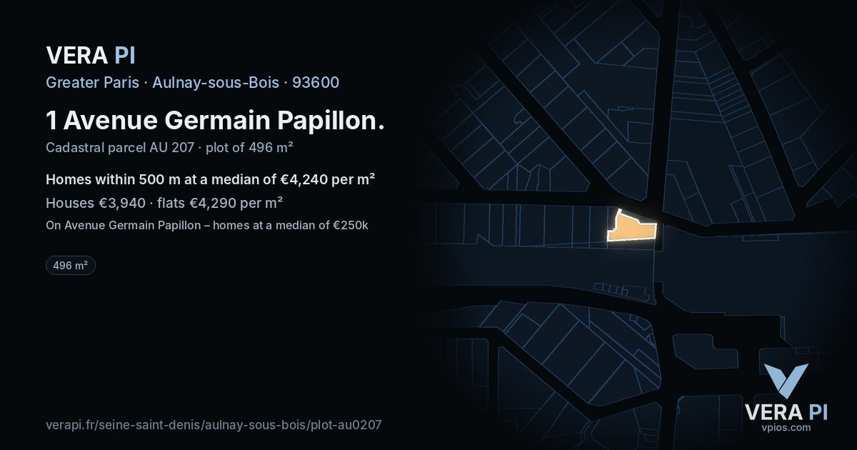 1 Avenue Germain Papillon, Aulnay-sous-Bois at night – the plot lit, the parcels around coloured by the prices near them