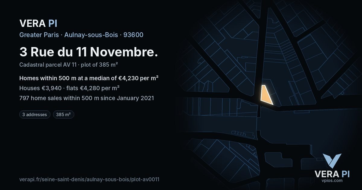 3 Rue du 11 Novembre, Aulnay-sous-Bois at night – the plot lit, the parcels around coloured by the prices near them