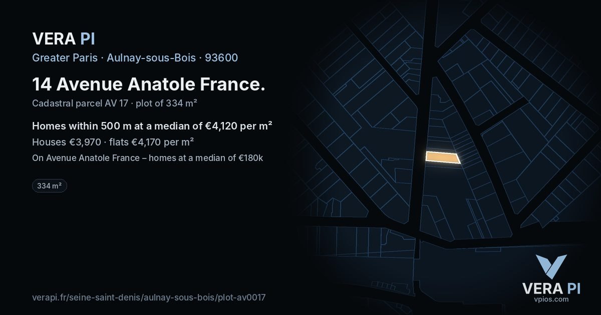 14 Avenue Anatole France, Aulnay-sous-Bois at night – the plot lit, the parcels around coloured by the prices near them