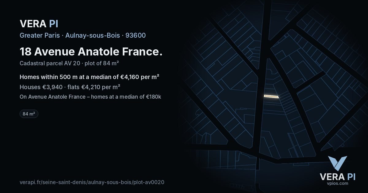 18 Avenue Anatole France, Aulnay-sous-Bois at night – the plot lit, the parcels around coloured by the prices near them