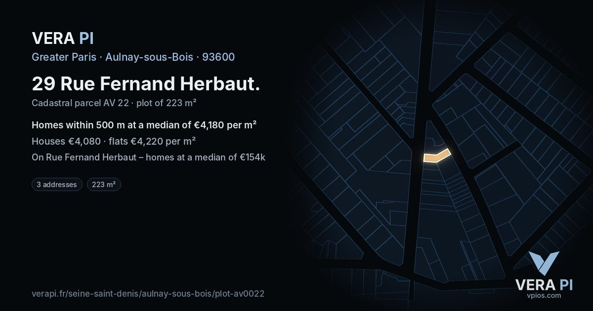 29 Rue Fernand Herbaut, Aulnay-sous-Bois at night – the plot lit, the parcels around coloured by the prices near them
