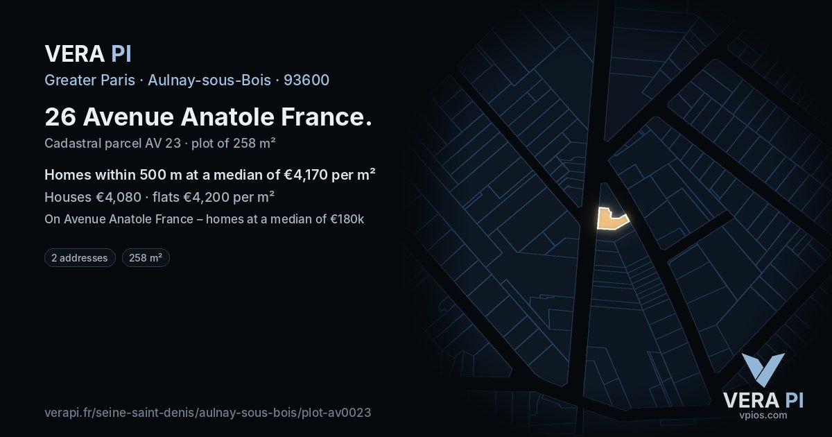 26 Avenue Anatole France, Aulnay-sous-Bois at night – the plot lit, the parcels around coloured by the prices near them