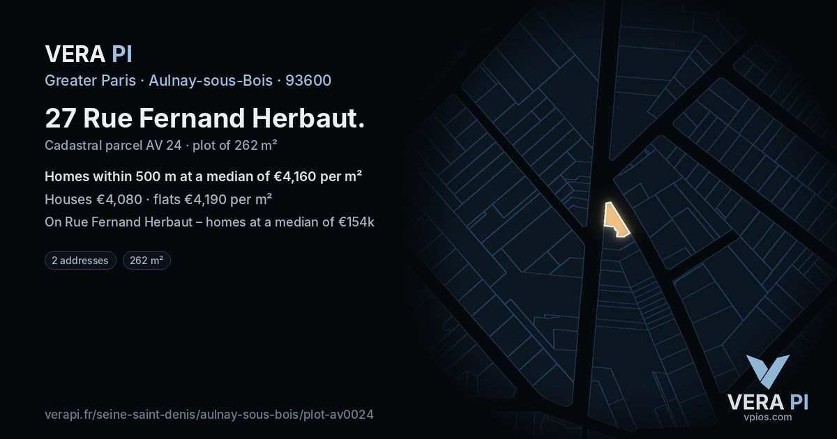 27 Rue Fernand Herbaut, Aulnay-sous-Bois at night – the plot lit, the parcels around coloured by the prices near them