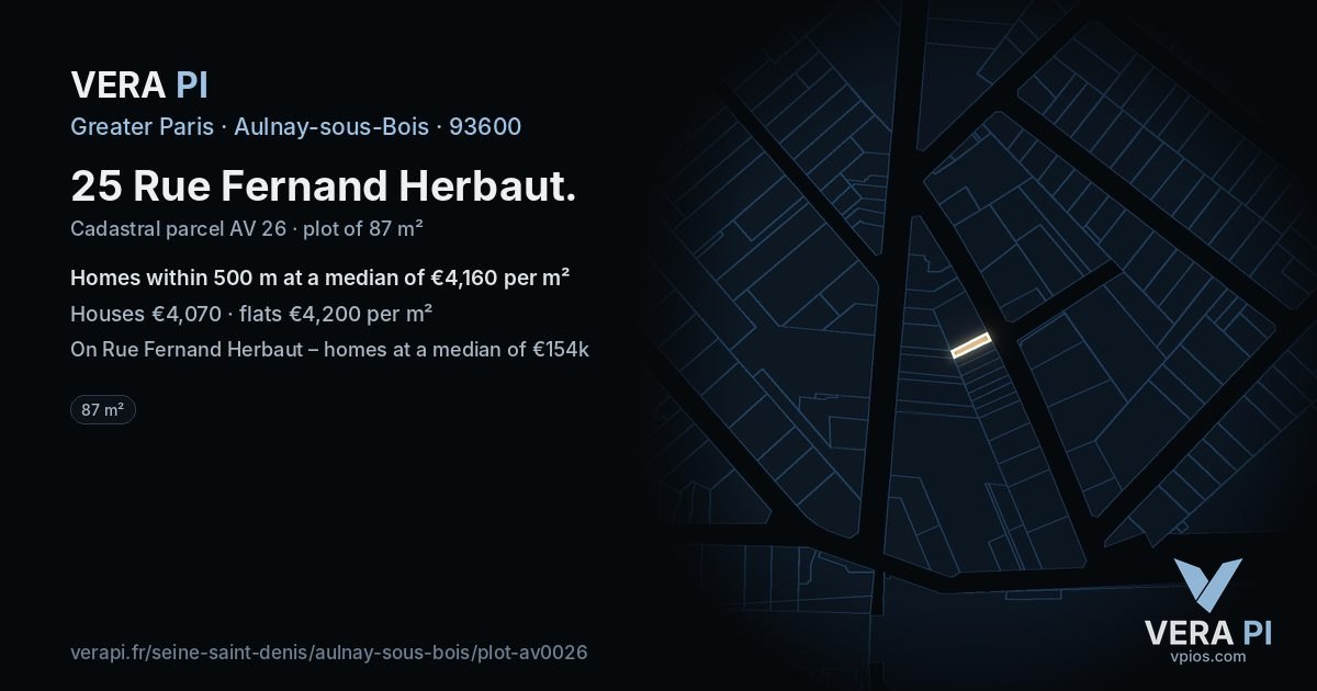 25 Rue Fernand Herbaut, Aulnay-sous-Bois at night – the plot lit, the parcels around coloured by the prices near them