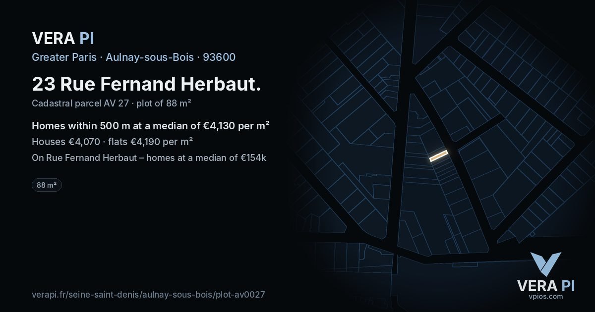 23 Rue Fernand Herbaut, Aulnay-sous-Bois at night – the plot lit, the parcels around coloured by the prices near them