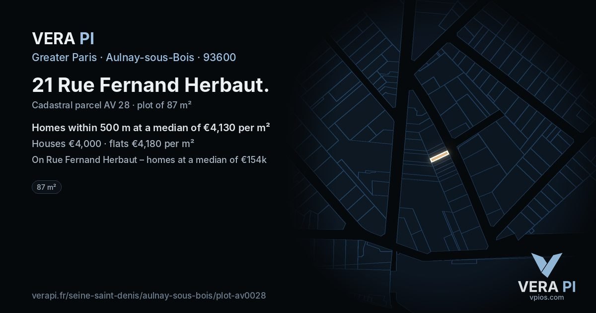 21 Rue Fernand Herbaut, Aulnay-sous-Bois at night – the plot lit, the parcels around coloured by the prices near them