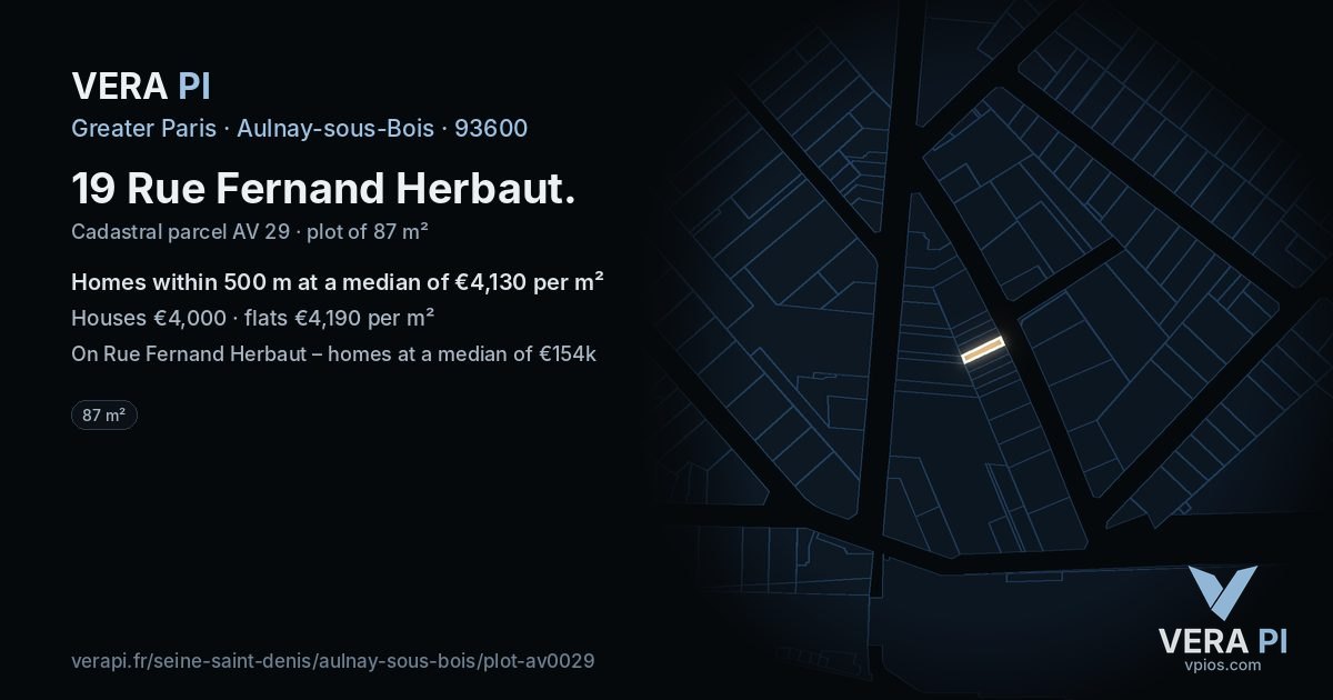 19 Rue Fernand Herbaut, Aulnay-sous-Bois at night – the plot lit, the parcels around coloured by the prices near them