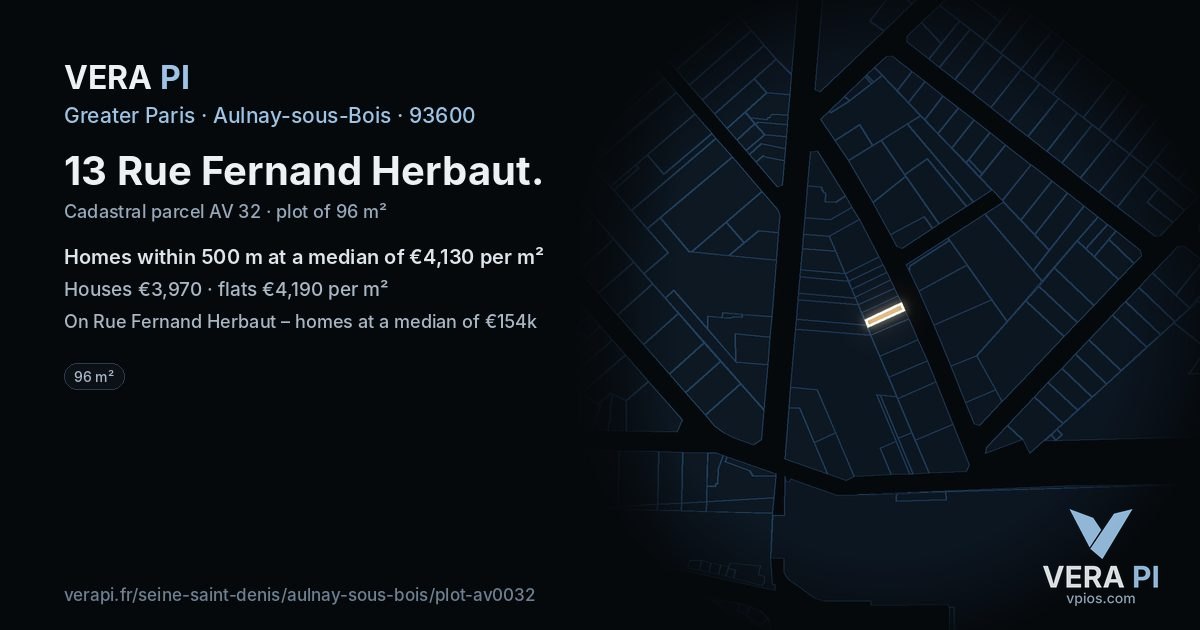 13 Rue Fernand Herbaut, Aulnay-sous-Bois at night – the plot lit, the parcels around coloured by the prices near them
