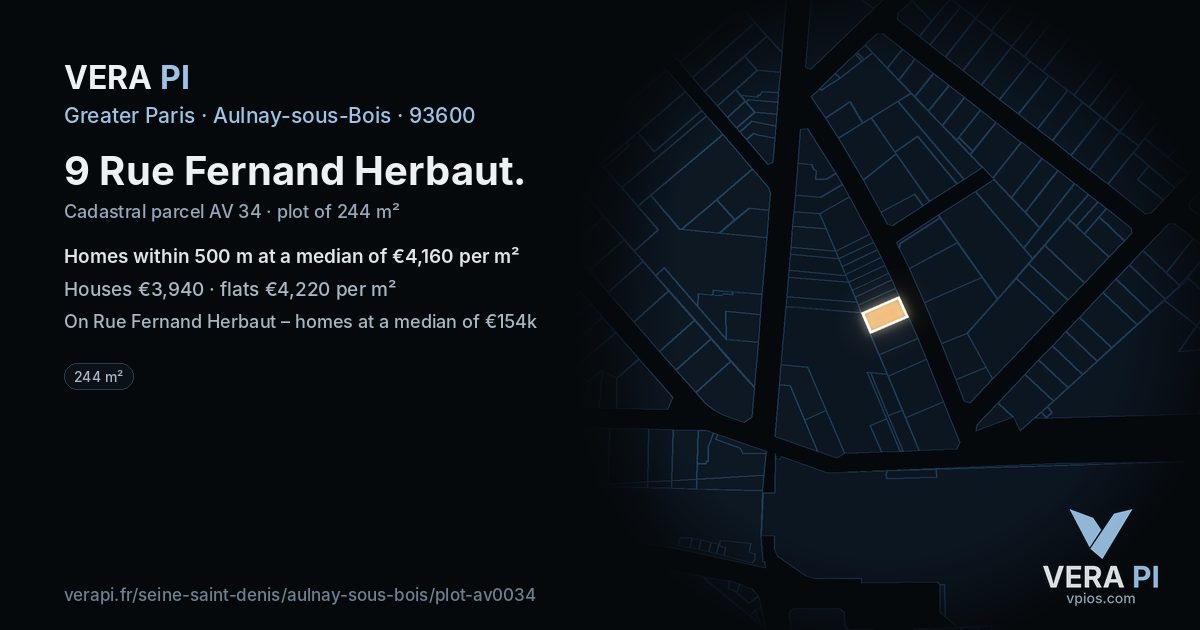 9 Rue Fernand Herbaut, Aulnay-sous-Bois at night – the plot lit, the parcels around coloured by the prices near them