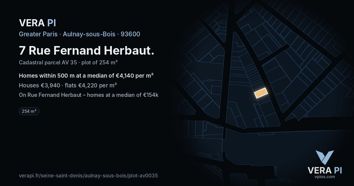 7 Rue Fernand Herbaut, Aulnay-sous-Bois at night – the plot lit, the parcels around coloured by the prices near them