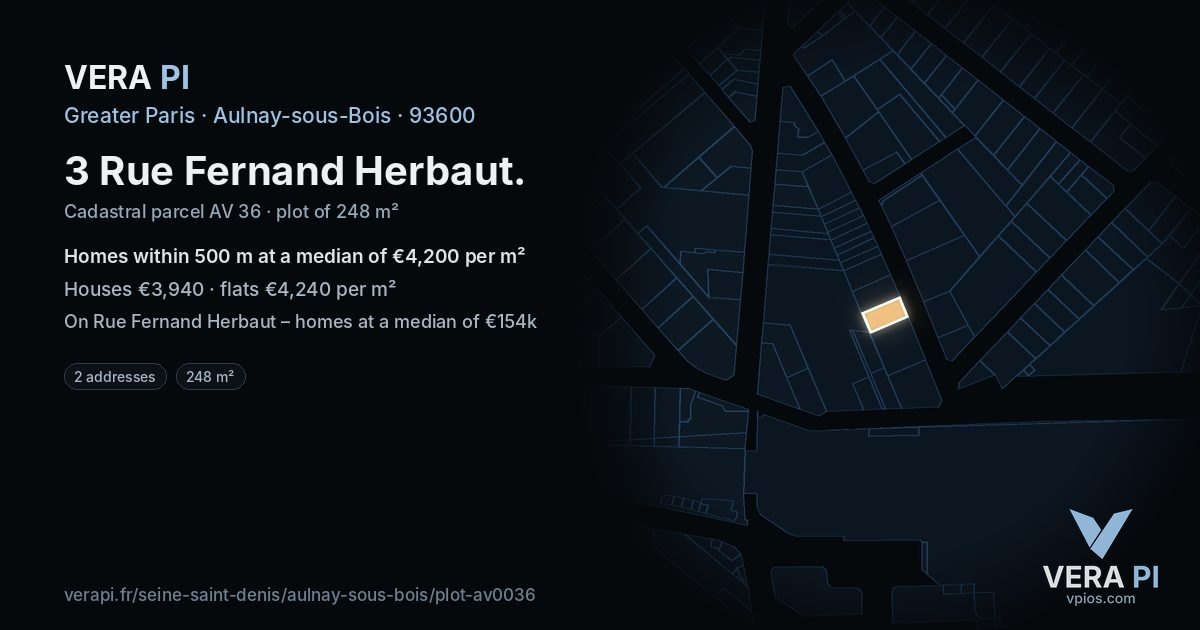 3 Rue Fernand Herbaut, Aulnay-sous-Bois at night – the plot lit, the parcels around coloured by the prices near them