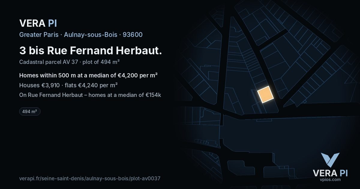 3 bis Rue Fernand Herbaut, Aulnay-sous-Bois at night – the plot lit, the parcels around coloured by the prices near them