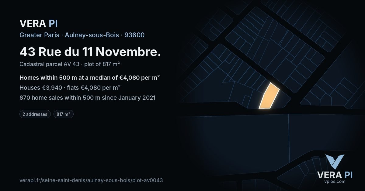43 Rue du 11 Novembre, Aulnay-sous-Bois at night – the plot lit, the parcels around coloured by the prices near them
