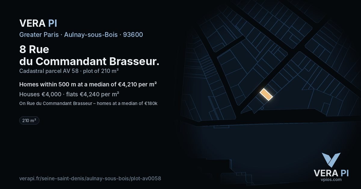 8 Rue du Commandant Brasseur, Aulnay-sous-Bois at night – the plot lit, the parcels around coloured by the prices near them
