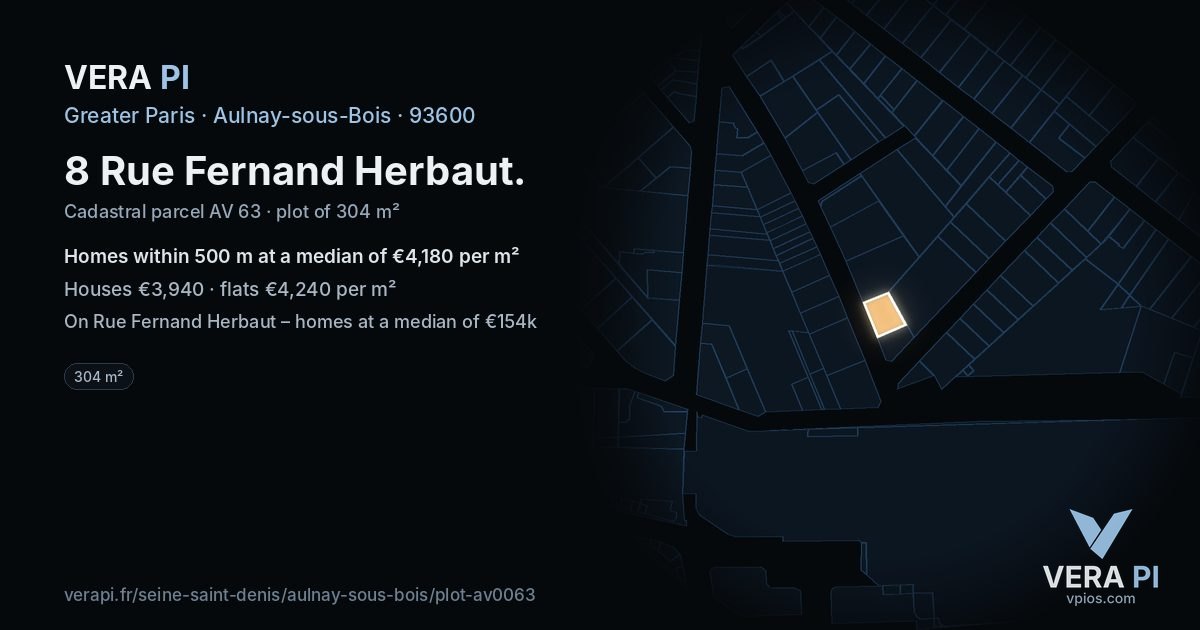 8 Rue Fernand Herbaut, Aulnay-sous-Bois at night – the plot lit, the parcels around coloured by the prices near them