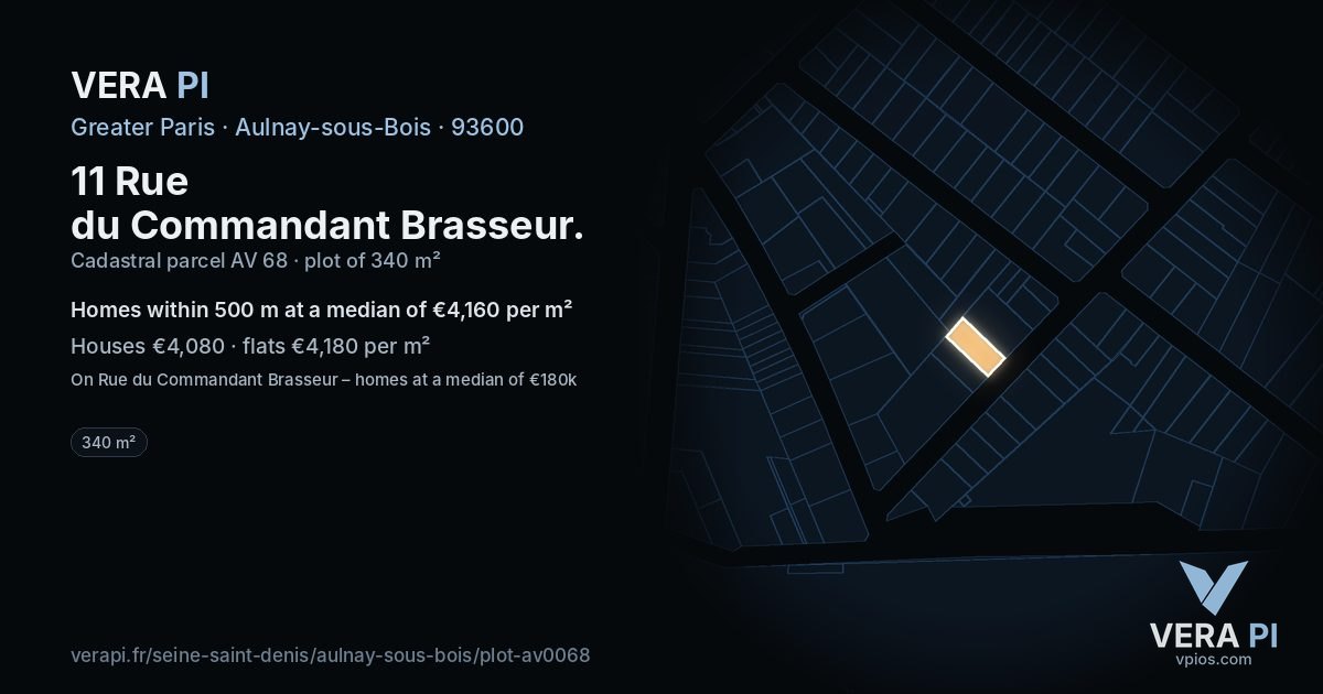 11 Rue du Commandant Brasseur, Aulnay-sous-Bois at night – the plot lit, the parcels around coloured by the prices near them