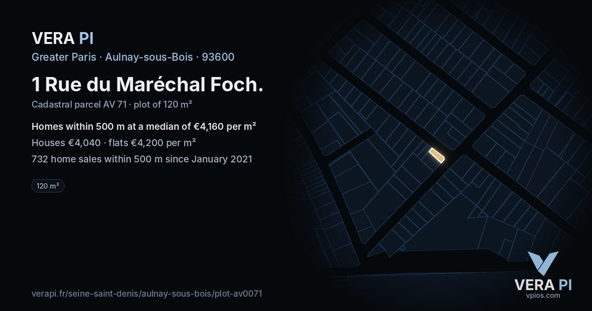 1 Rue du Maréchal Foch, Aulnay-sous-Bois at night – the plot lit, the parcels around coloured by the prices near them