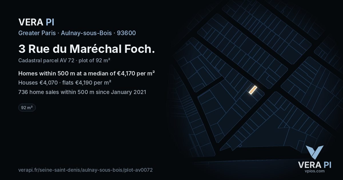 3 Rue du Maréchal Foch, Aulnay-sous-Bois at night – the plot lit, the parcels around coloured by the prices near them
