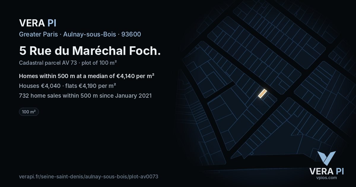 5 Rue du Maréchal Foch, Aulnay-sous-Bois at night – the plot lit, the parcels around coloured by the prices near them