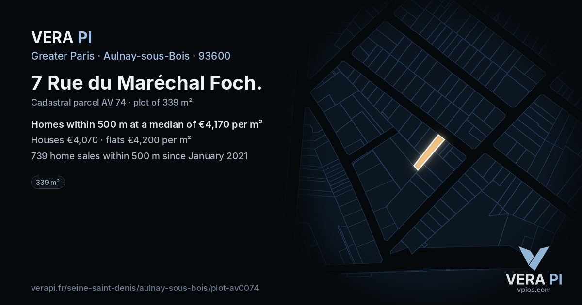 7 Rue du Maréchal Foch, Aulnay-sous-Bois at night – the plot lit, the parcels around coloured by the prices near them