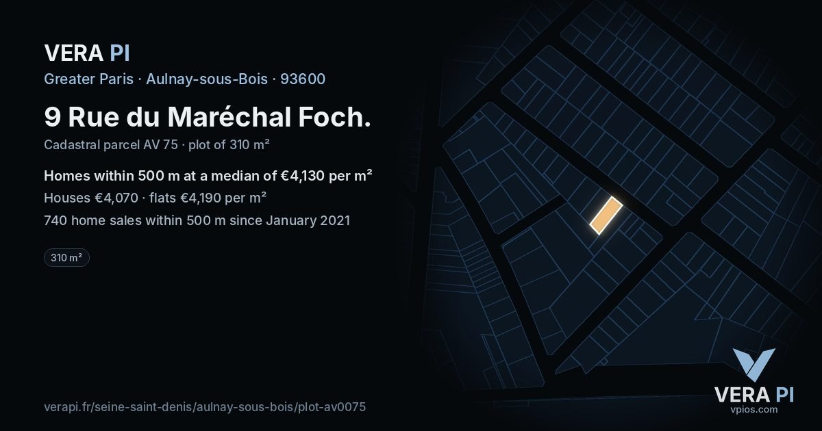 9 Rue du Maréchal Foch, Aulnay-sous-Bois at night – the plot lit, the parcels around coloured by the prices near them