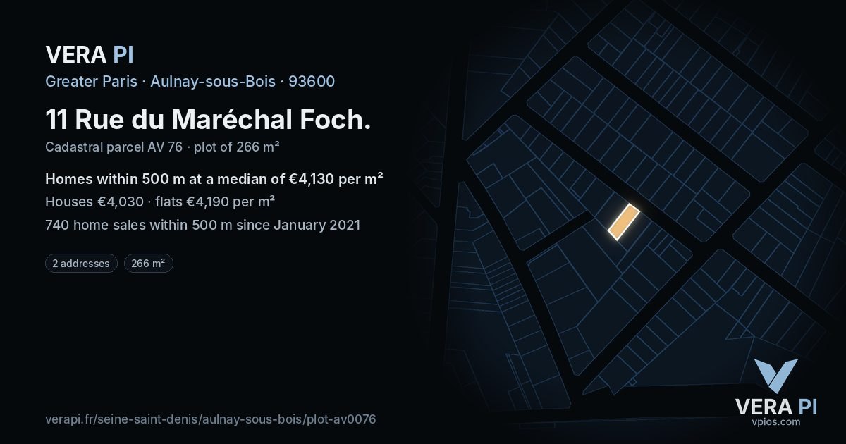 11 Rue du Maréchal Foch, Aulnay-sous-Bois at night – the plot lit, the parcels around coloured by the prices near them