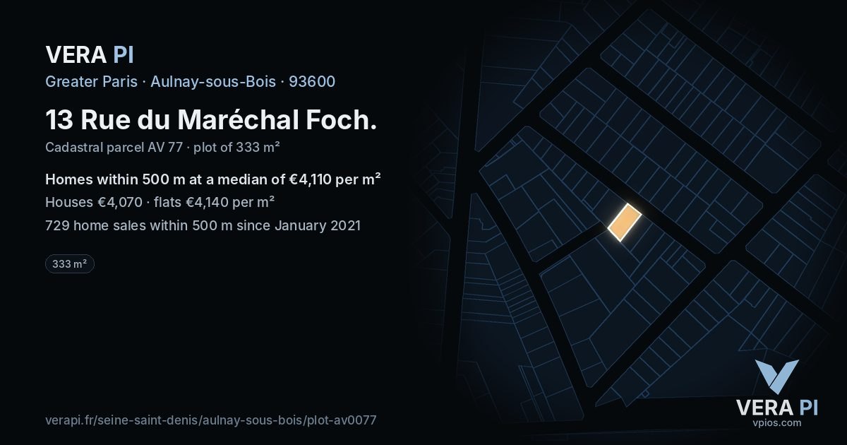 13 Rue du Maréchal Foch, Aulnay-sous-Bois at night – the plot lit, the parcels around coloured by the prices near them