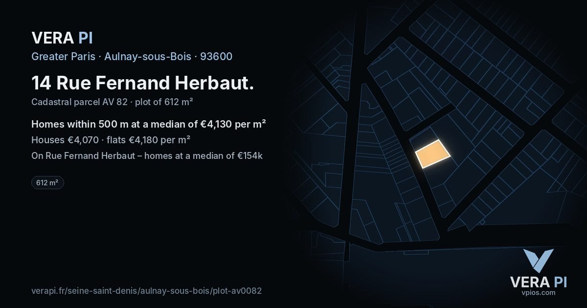 14 Rue Fernand Herbaut, Aulnay-sous-Bois at night – the plot lit, the parcels around coloured by the prices near them