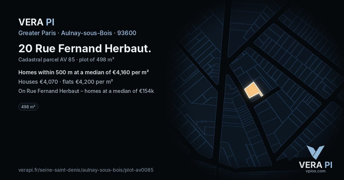 20 Rue Fernand Herbaut, Aulnay-sous-Bois at night – the plot lit, the parcels around coloured by the prices near them