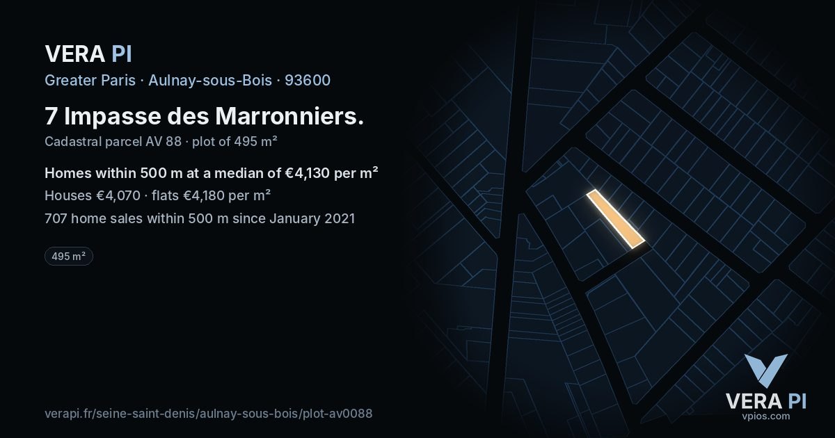7 Impasse des Marronniers, Aulnay-sous-Bois at night – the plot lit, the parcels around coloured by the prices near them