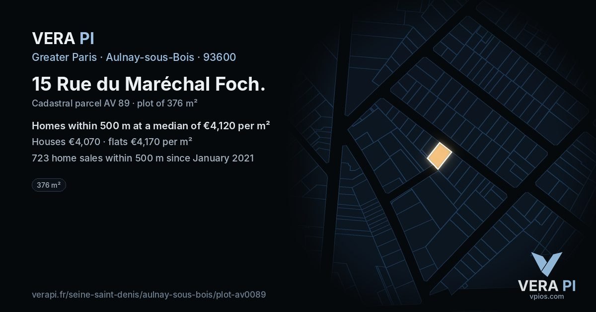 15 Rue du Maréchal Foch, Aulnay-sous-Bois at night – the plot lit, the parcels around coloured by the prices near them